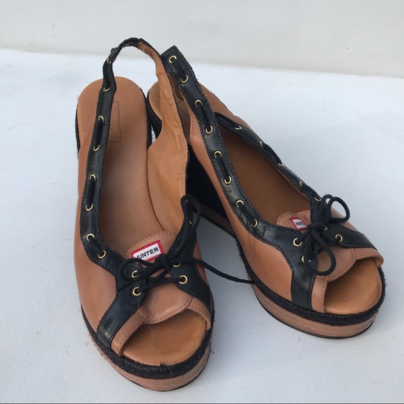 HUNTER boot wedge Sandals shoes 8 1/2 tie peep toe - Picture 5 of 8